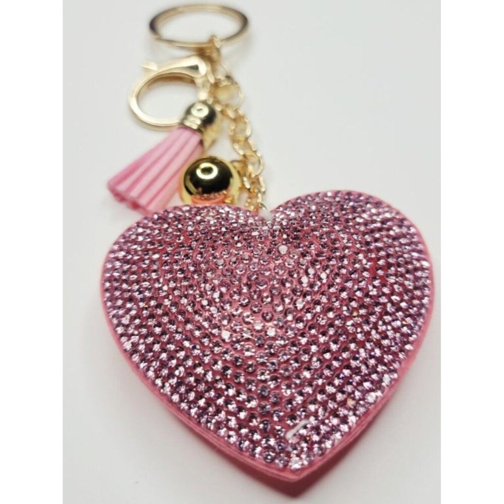 NWT Big Pink And Gold Puffy Heart Keychain With Tassel Bag Charm That Sparkles - Picture 3 of 3